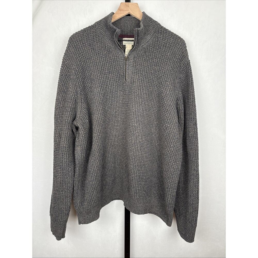 LL Bean Organic Cotton Waffle Knit Sweater Men's XXL 1/4 Zip Blue Grandpa Chunky